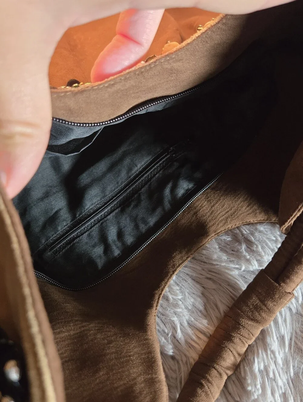 Suede Type Brown Boho bag with Floral Embellishments